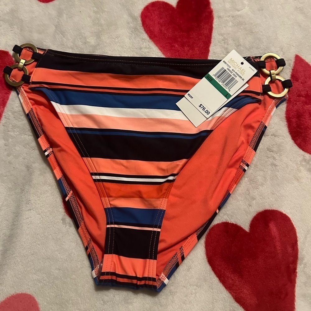 NWT Michael Kors Bright Stripe High Waist Bikini Bottom Ring Chain - Picture 6 of 12